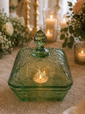 Vintage Tiara Chantilly Green Bee Box by Indiana Glass | Covered Candy Dish | Co